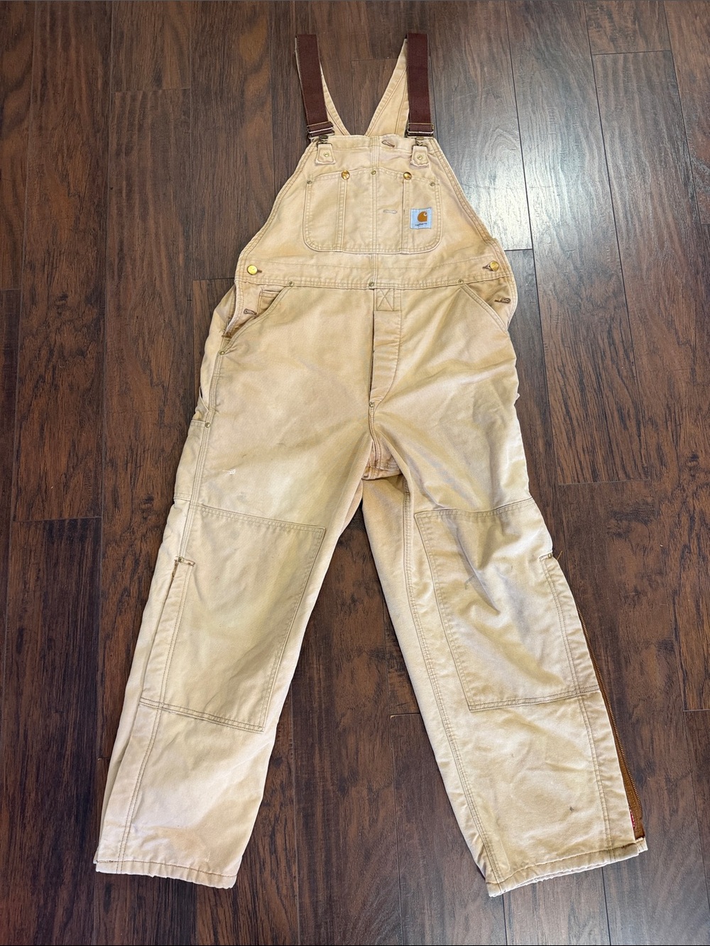Vintage Carhartt Distressed Insulated Double Knee Bib Overalls with Brown Straps